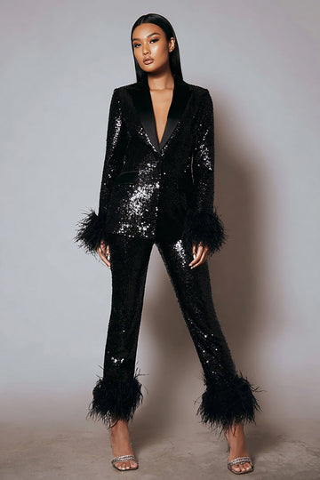 Sparkly 2 Piece Black Women Prom Suits With Feathers